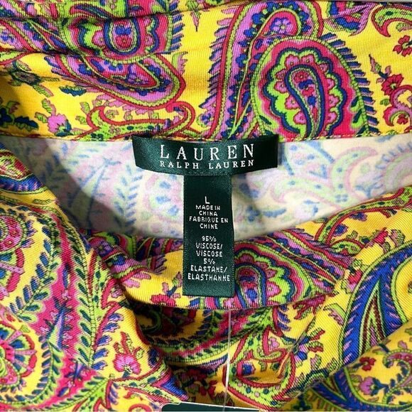 Lauren Ralph Lauren Top Women’s Large Yellow/Pink Paisley Print Short Sleeve NWT - Picture 3 of 5